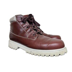 Vintage 90s Timberland Men's Brown Leather 6" Lace-Up Boots, White Sole, Size 11